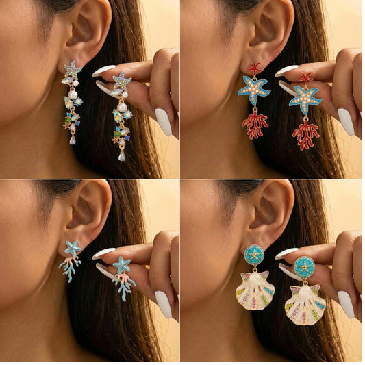 Women's Enamel Glaze Starfish Coral Diamond In The Debris Marine Shell Earrings