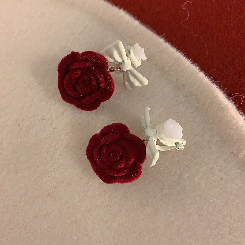 Women's Red Veet Camellia Flocking Bow Rose Earrings