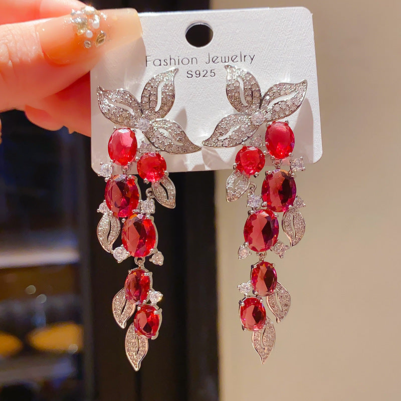 Women's Sier Needle Zircon Life Red Pony Light Luxury Earrings