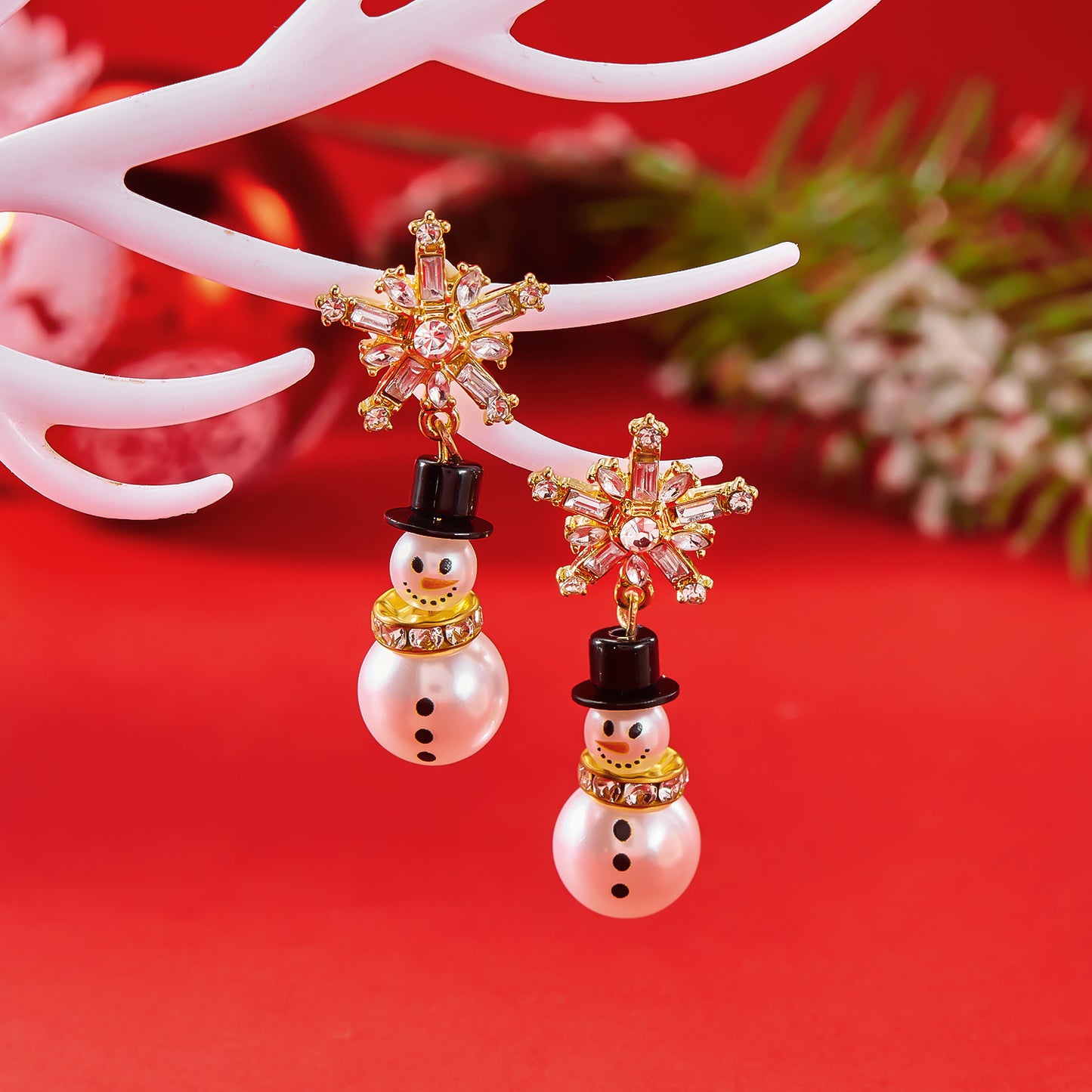 Women's Christmas Fashion Diamond Snowflake Pearl Hat Earrings