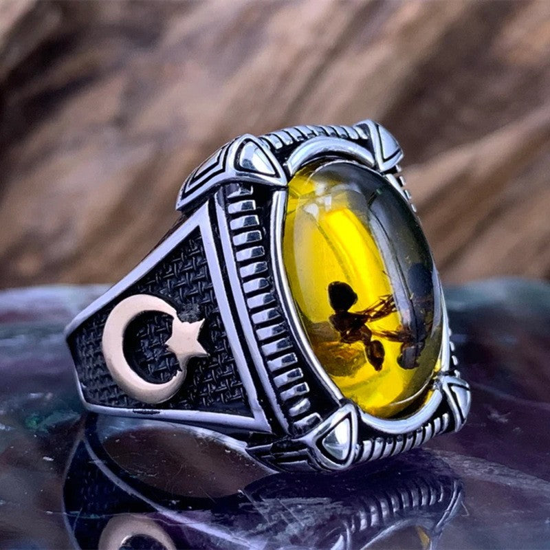 Personality Retro Two-tone Man's Black Agate Rings