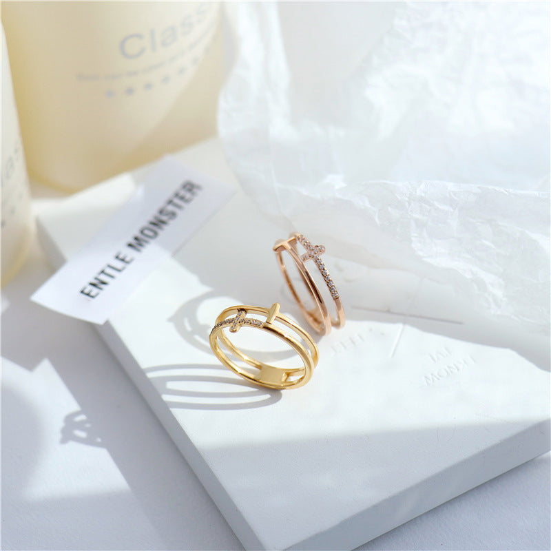 Layer Cross Micro Rhinestone Rose Gold Rings