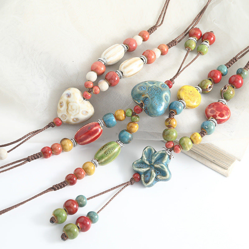 Long Ceramic Woven Love Star Sweater Necklaces