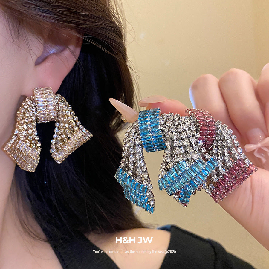 Exaggerated Sier Zircon Bow Fashion Delicate Light Luxury Earrings