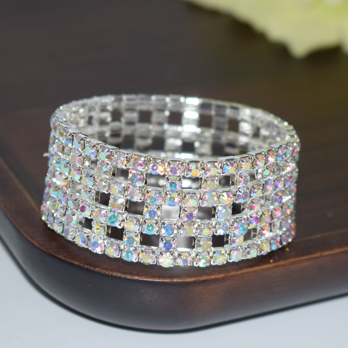 Elastic Hollow Rubber Band Full Rhinestone Exaggerated Wide Bangle Bracelets
