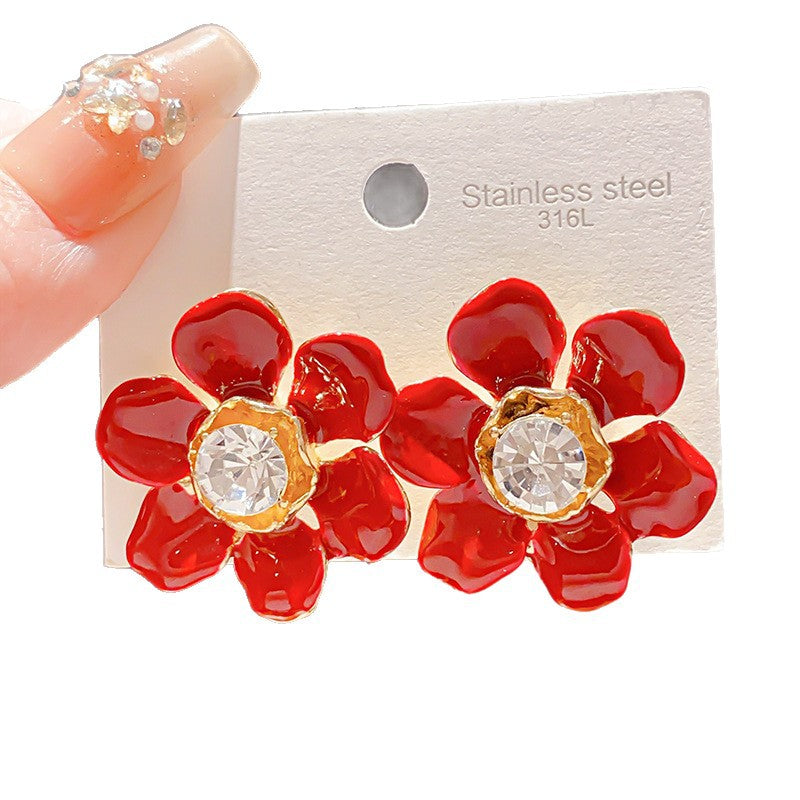Women's Sier Needle Zircon Life Red Pony Light Luxury Earrings