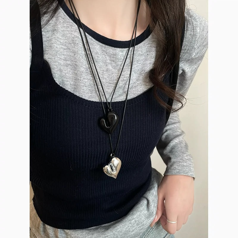 Women's Fashionable Black Leather Rope Sweater Chain Necklaces