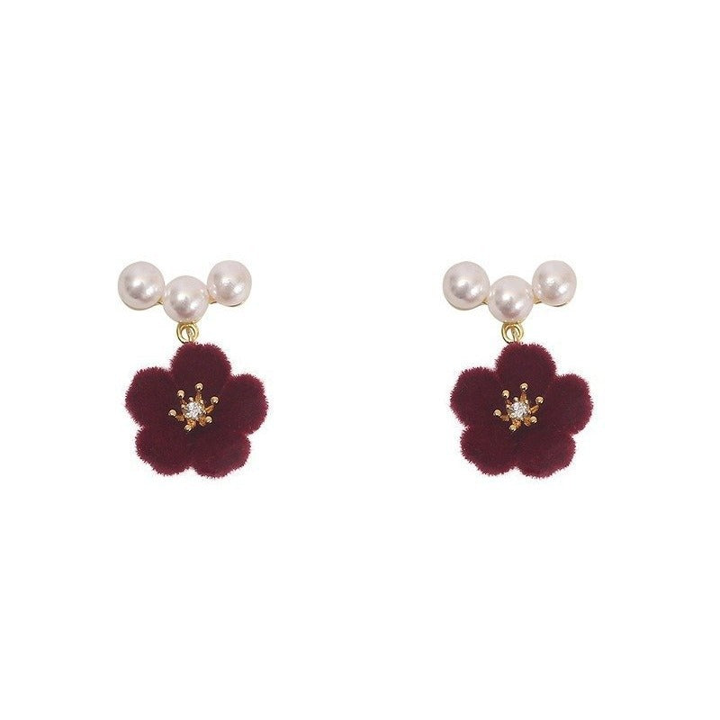 Women's Red Veet Flower Small Pearl Ear Earrings