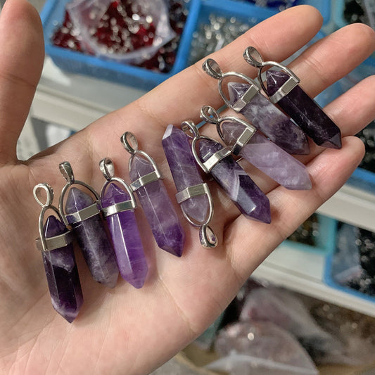 Stone Crystal Hexagon Prism Double Pointed Bullet Spirit Pendulum Necklaces