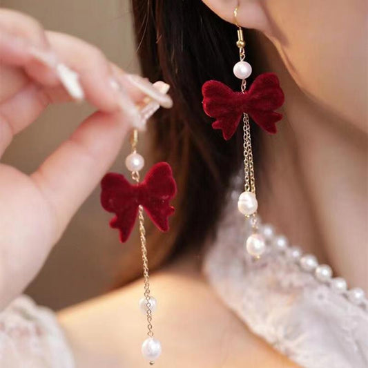 Women's Red Flocking Bow Pearl Tassel Elegant Light Luxury High-grade Earrings