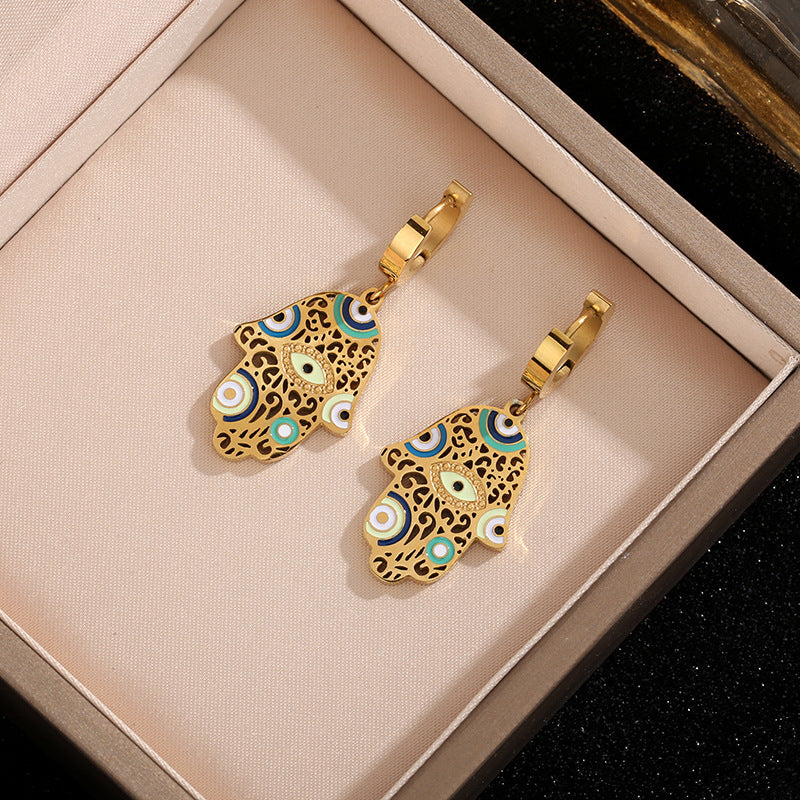Women's Titanium Steel Leopard Print Oil Dripping Craft Blue Eyes Hollow Jewelry Set