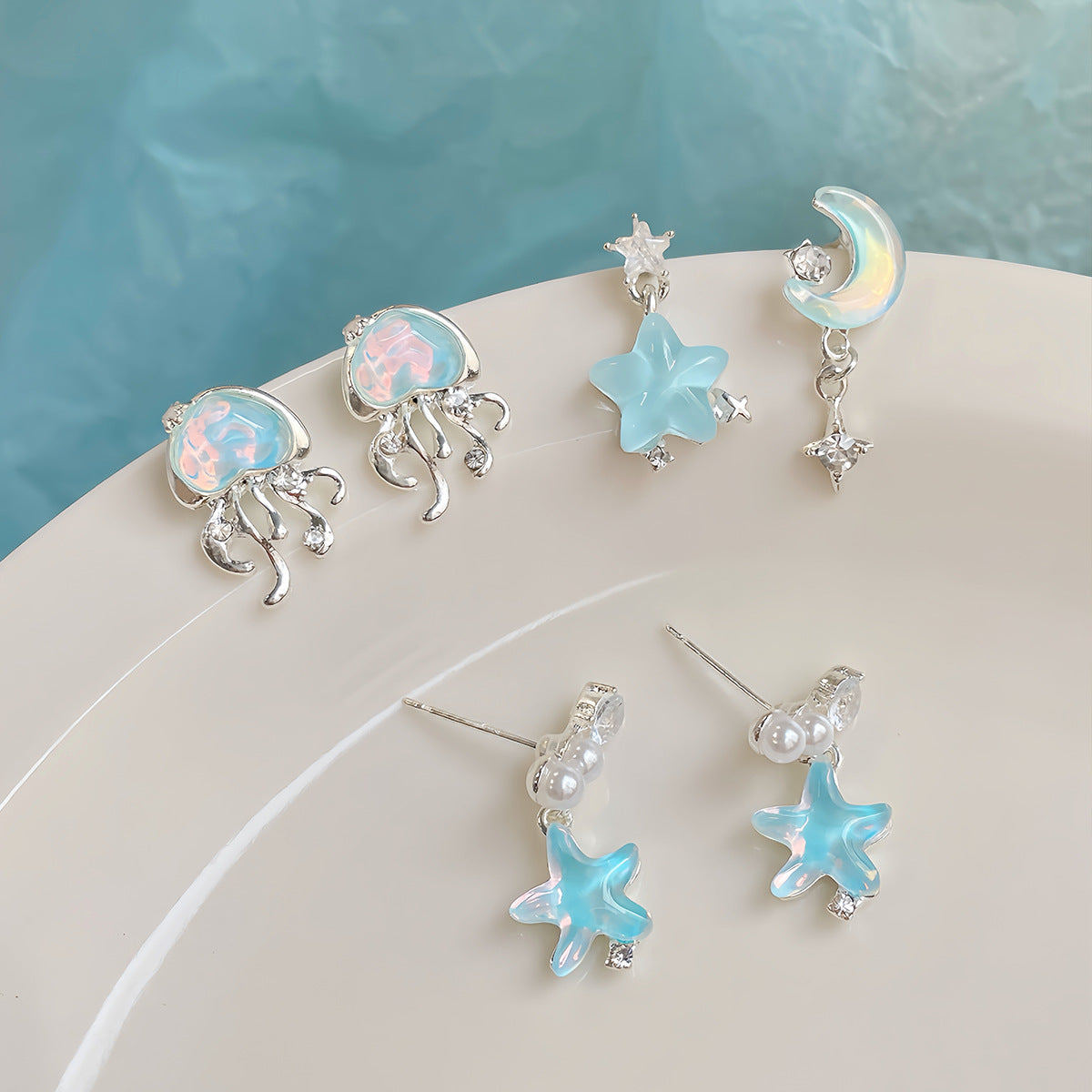 Ocean Jellyfish Female Sier Needle Niche Blue Simple Star Earrings