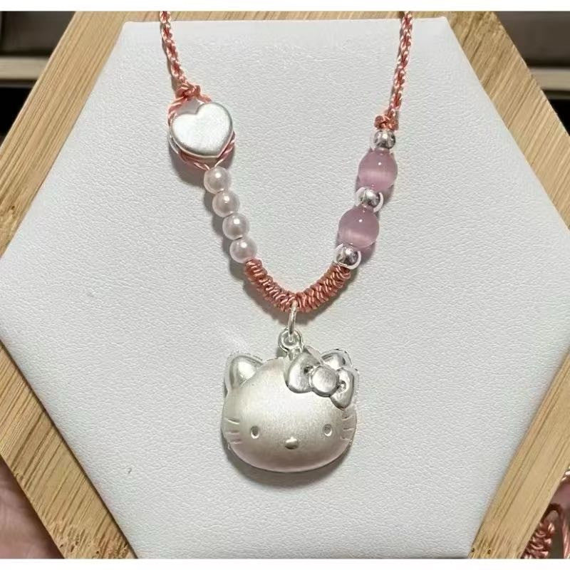 Cat Head Peach Blossom Braid Rope Hello Kitty Necklaces