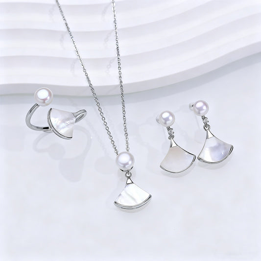 Skirt Natural Freshwater Pearl Ear Three-piece Suit Shell Fan-shaped Advanced Rings