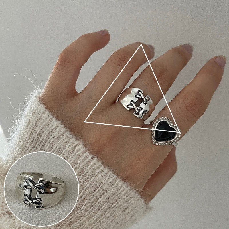 Female Korean Chic Unique Geometric Grid Sier Rings