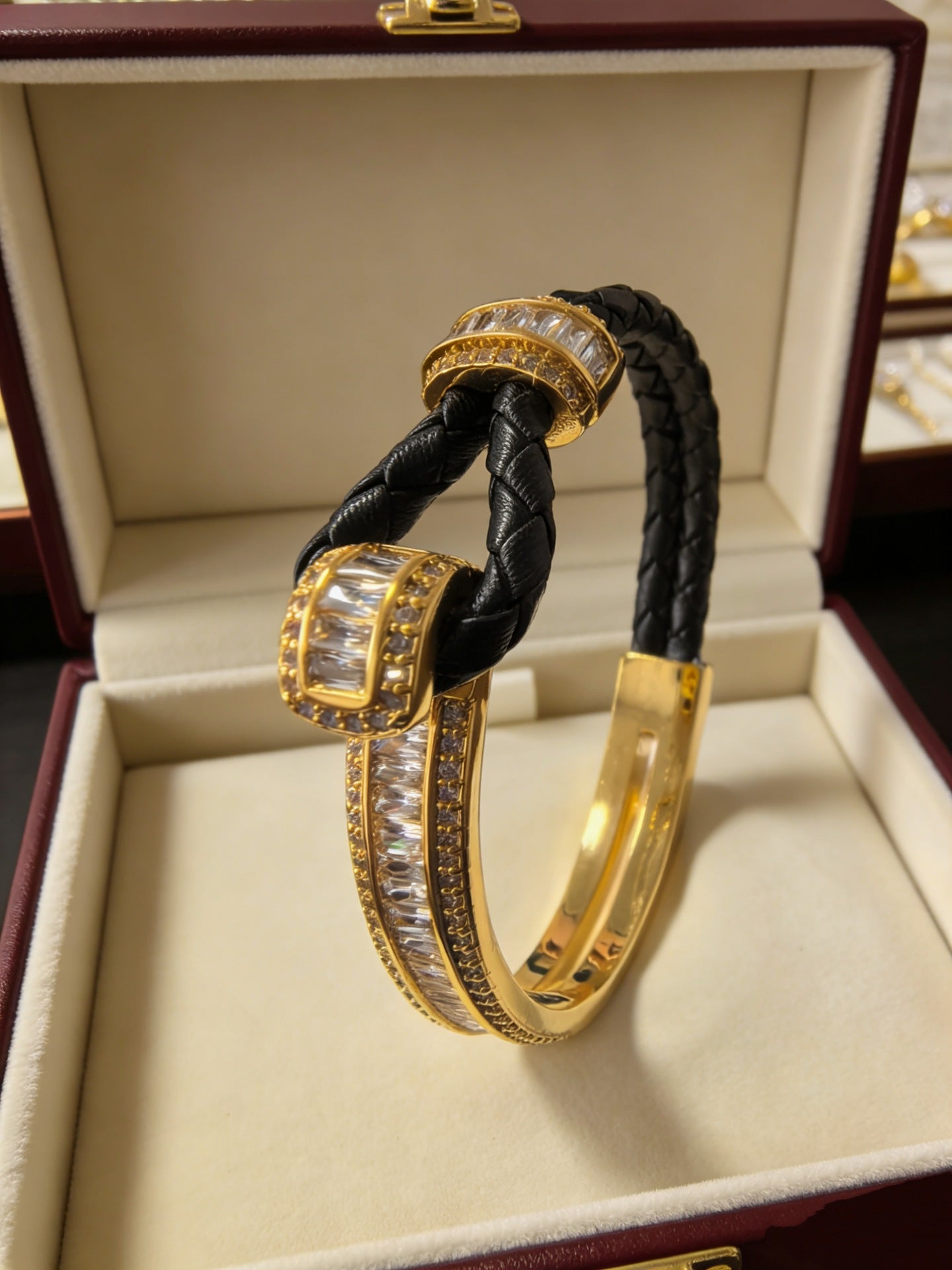 Green Leather Stitching Titanium Steel Gold Plated Retro Affordable Bracelets