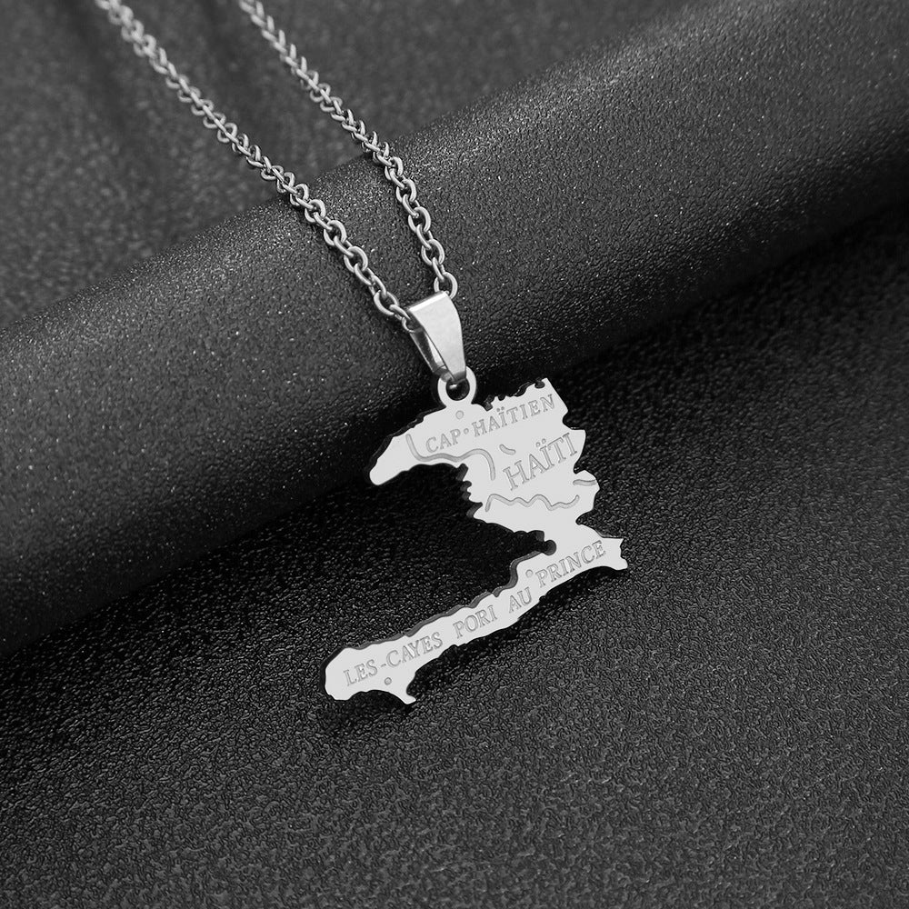 Women's & Men's Fashion Stainless Steel Drop Oil Haitian Map Geometric Necklaces