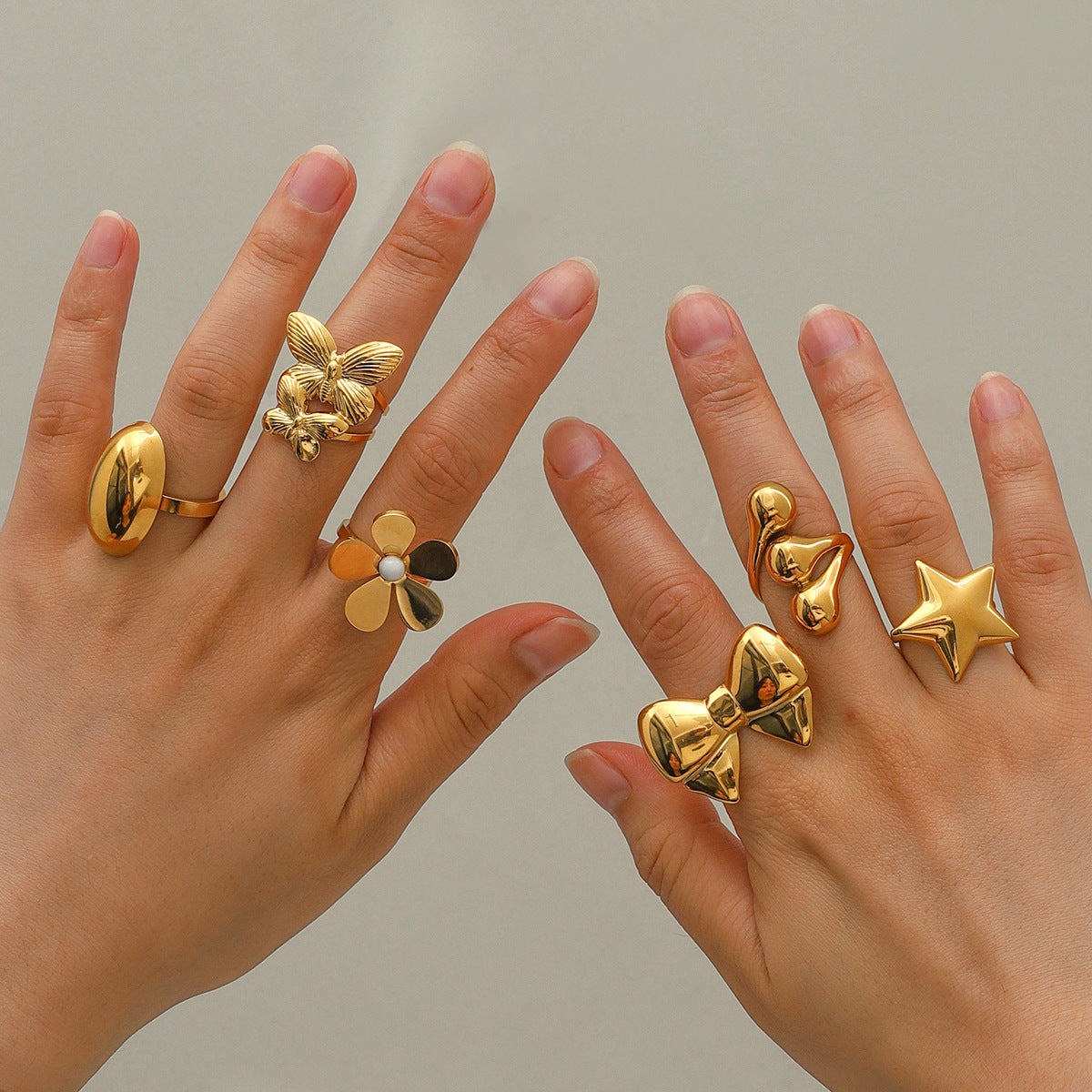 Open Gold Stainless Steel Five Petal Rings