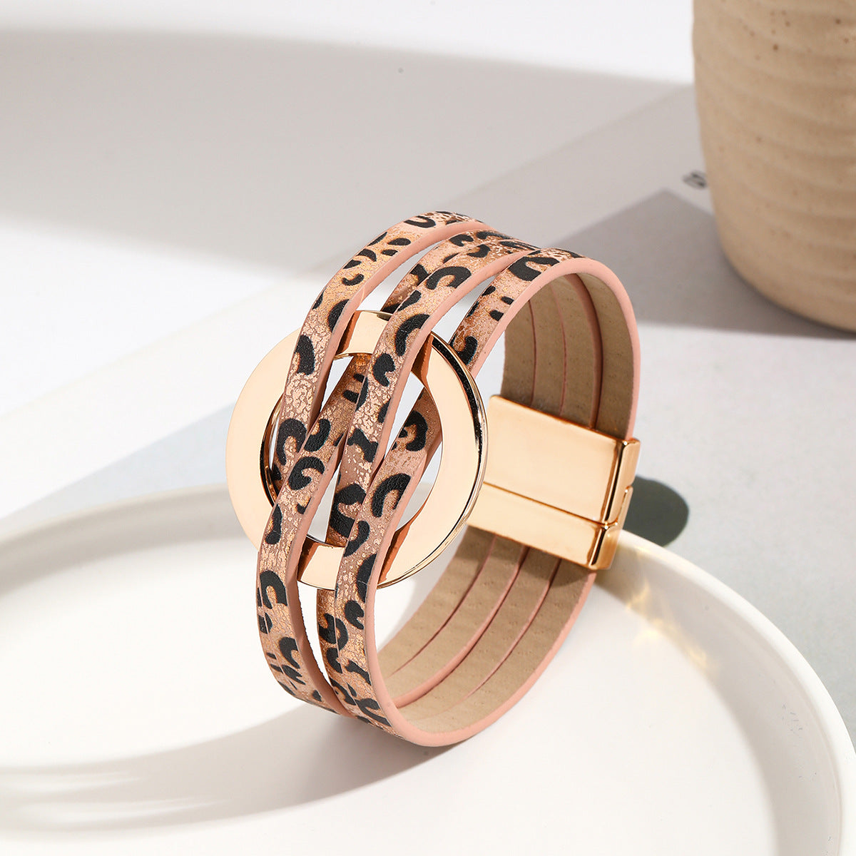 Women's Cross Leather Metal Big Cuff Bangle Rings