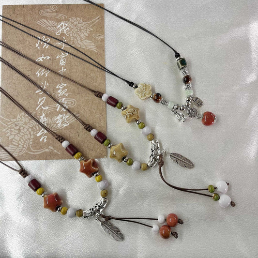 Women's Style Handmade Braid Rope Ceramic Beaded Fashion Long Necklace