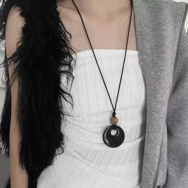 Women's Black Rope Long Sweater Chain Design Necklaces