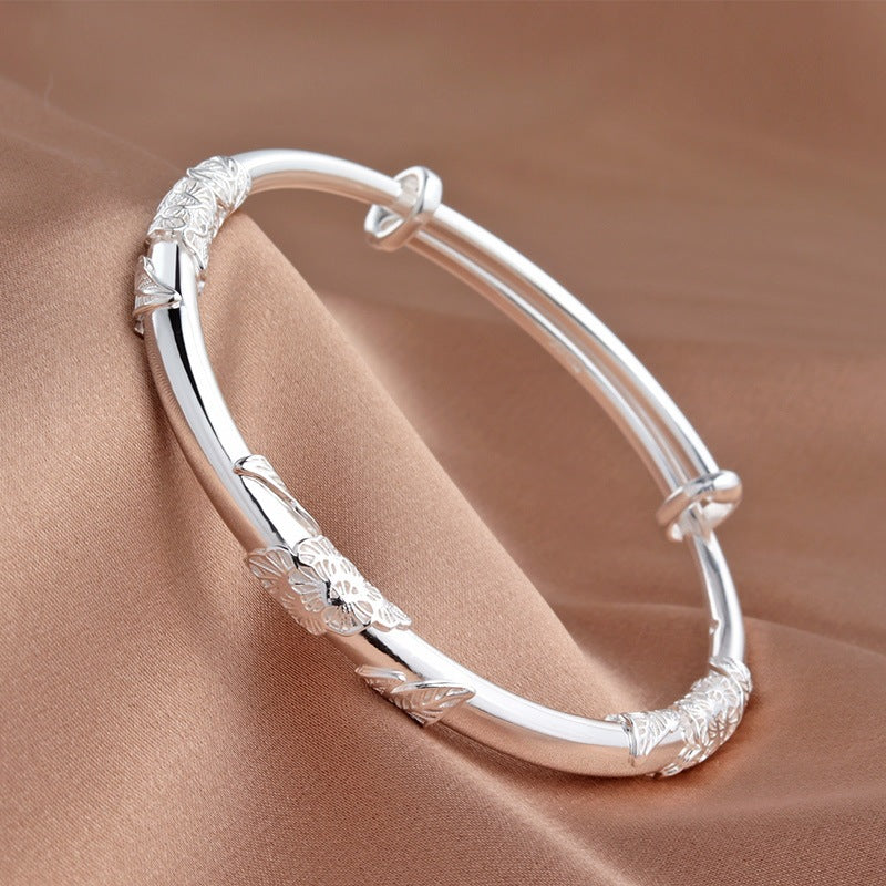White Copper Sier-plated Push-pull Flower Simple Fashion Solid Female Girlfriend Bracelets