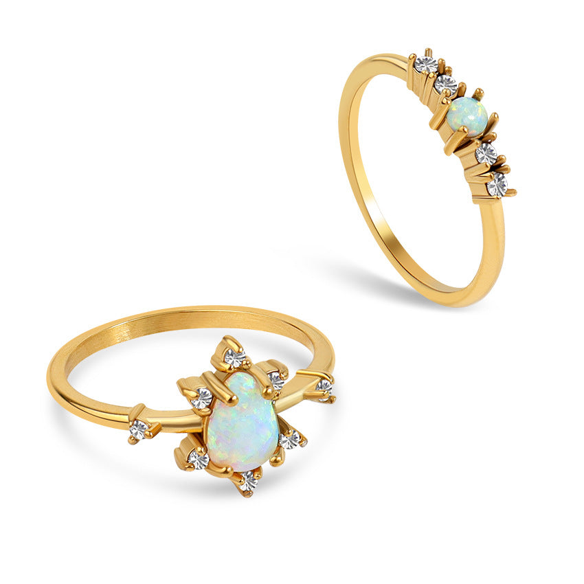 Retro High-grade Inlaid Exquisite Blue Heart-shaped Opal Fine Rhinestone Titanium Ring