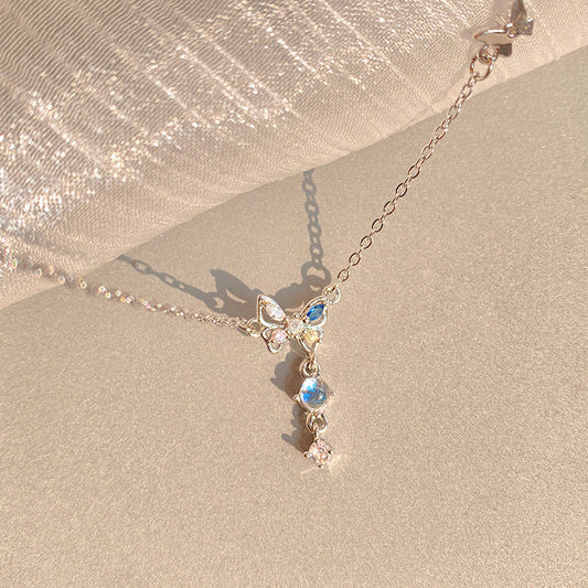 Crystals Butterfly Female High Sense Niche Sweet Moonstone Clavicle Chain Jewelry Set