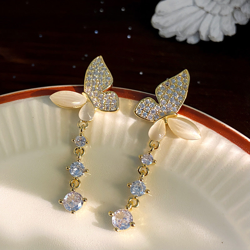 Lux Fashion Micro Inlaid Zircon Butterfly Long Earrings