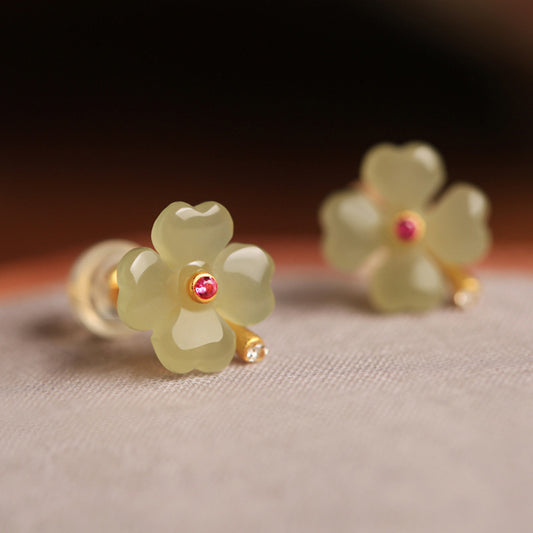 Imitation White Jade Flower Female High Sense Earrings