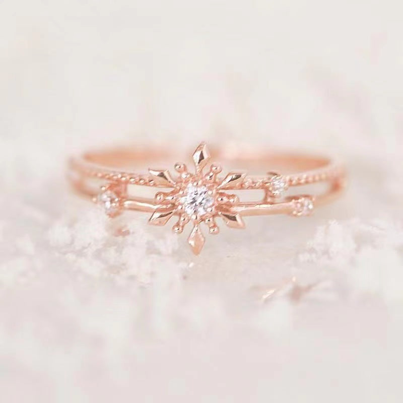 Women's Snowflake Delicate Mosaic Open-end Zircon White Exquisite Refined Grace Ring