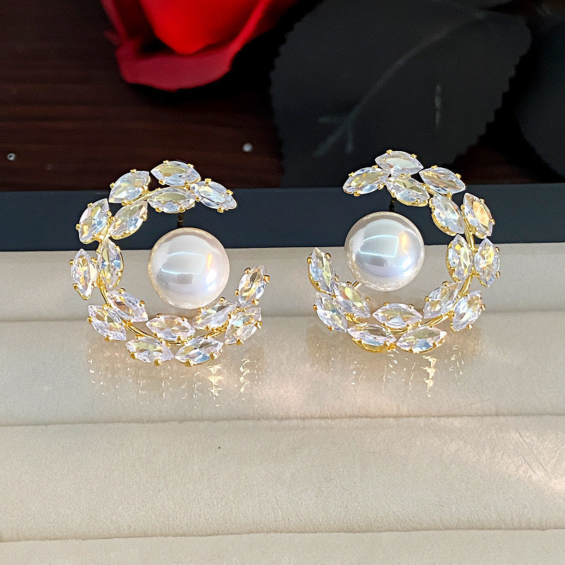 Zircon Leaves Semicircle Pearl Design Sier Earrings