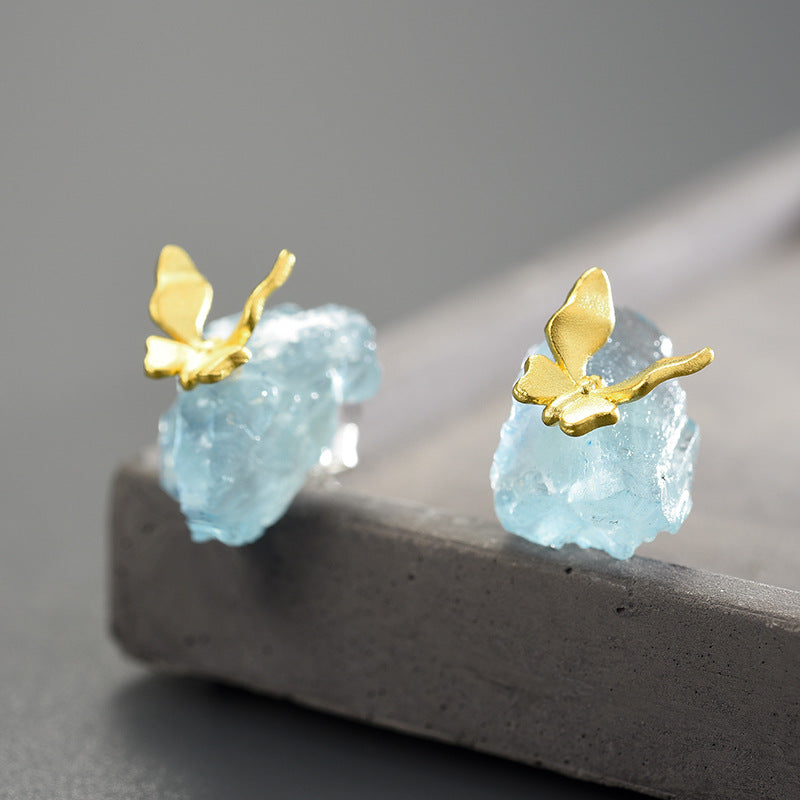 Natural Aquamarine Sterling Sier Butterfly Handmade Earrings