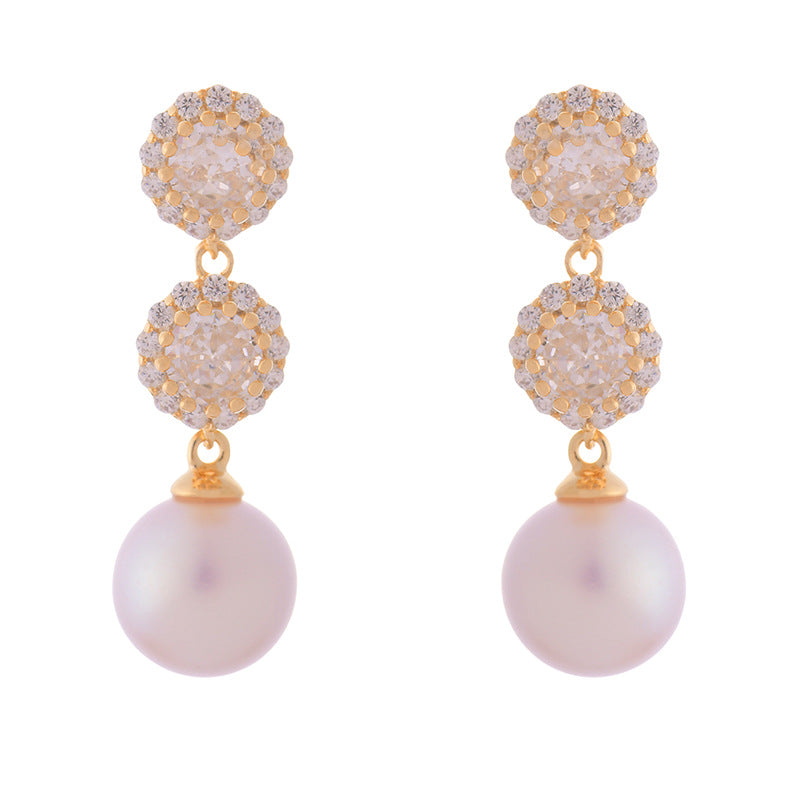 Party Over Inlaid Zircon Exquisite Pink Pearl Fashionable Earrings