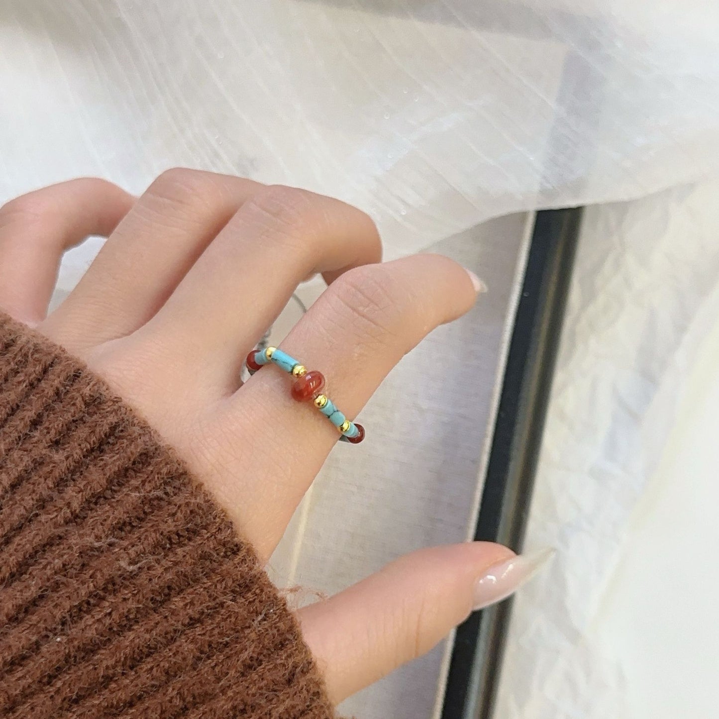 Natural Stone Beaded Female Niche Unique Rings