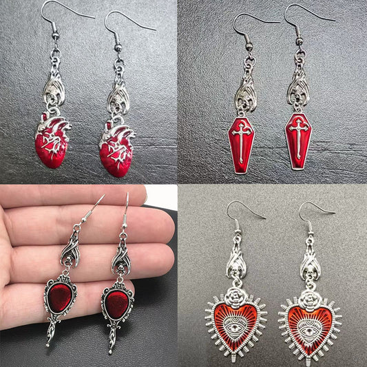 Women's Dark Goth Punk Coffin Heart Vampire Cross Earrings
