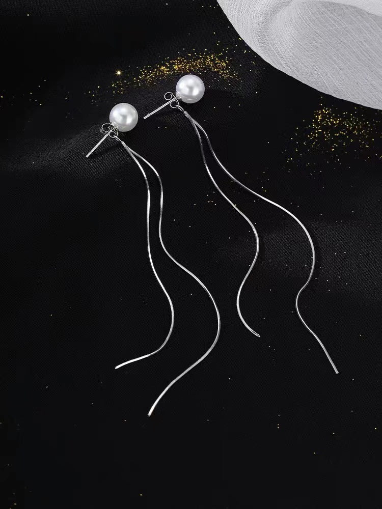 Women's Fashion Simple Long Imitation Pearl Tassel Earrings