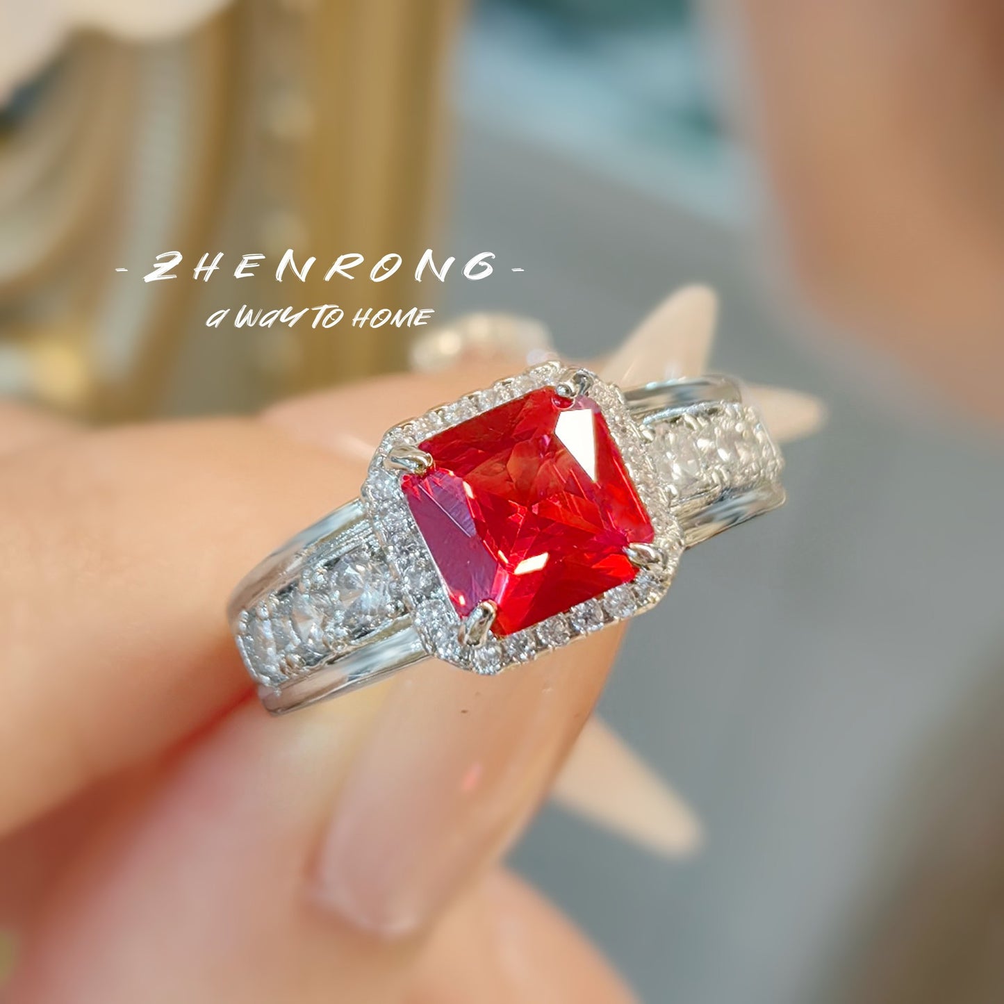 Women's Princess Square Diamond Simulation Ruby Retro Rings