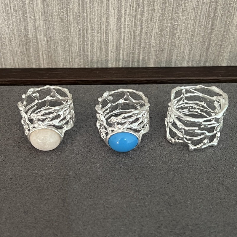 Niche Beautiful Bird Cage Turquoise Sier Rings