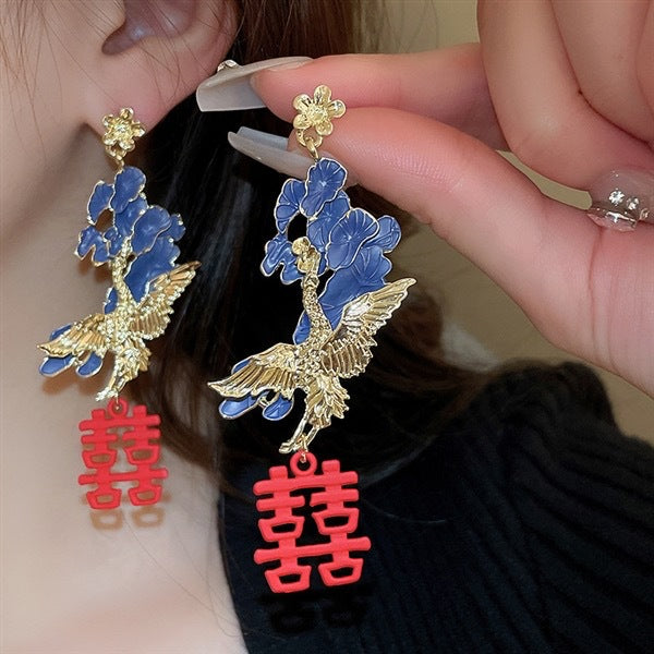 Chinese Style Cloisonne Ear Clip Flower Double Happiness Royal Earrings