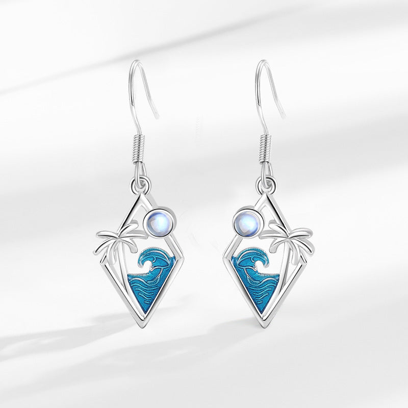 Decoration Design Wave Coconut Tree Moonstone Earrings