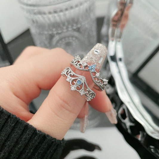 Sea Blue Zircon Crown Open Female Hollow Retro Rings
