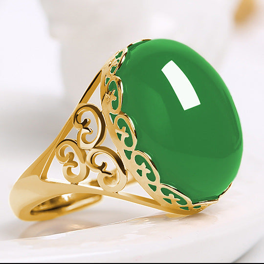 Ethnic Style Grandmother Imitation Green Chalcedony Rings