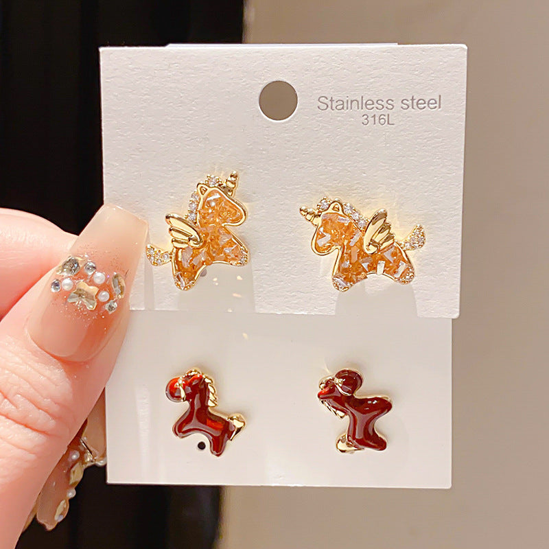 Women's Sier Needle Zircon Life Red Pony Light Luxury Earrings