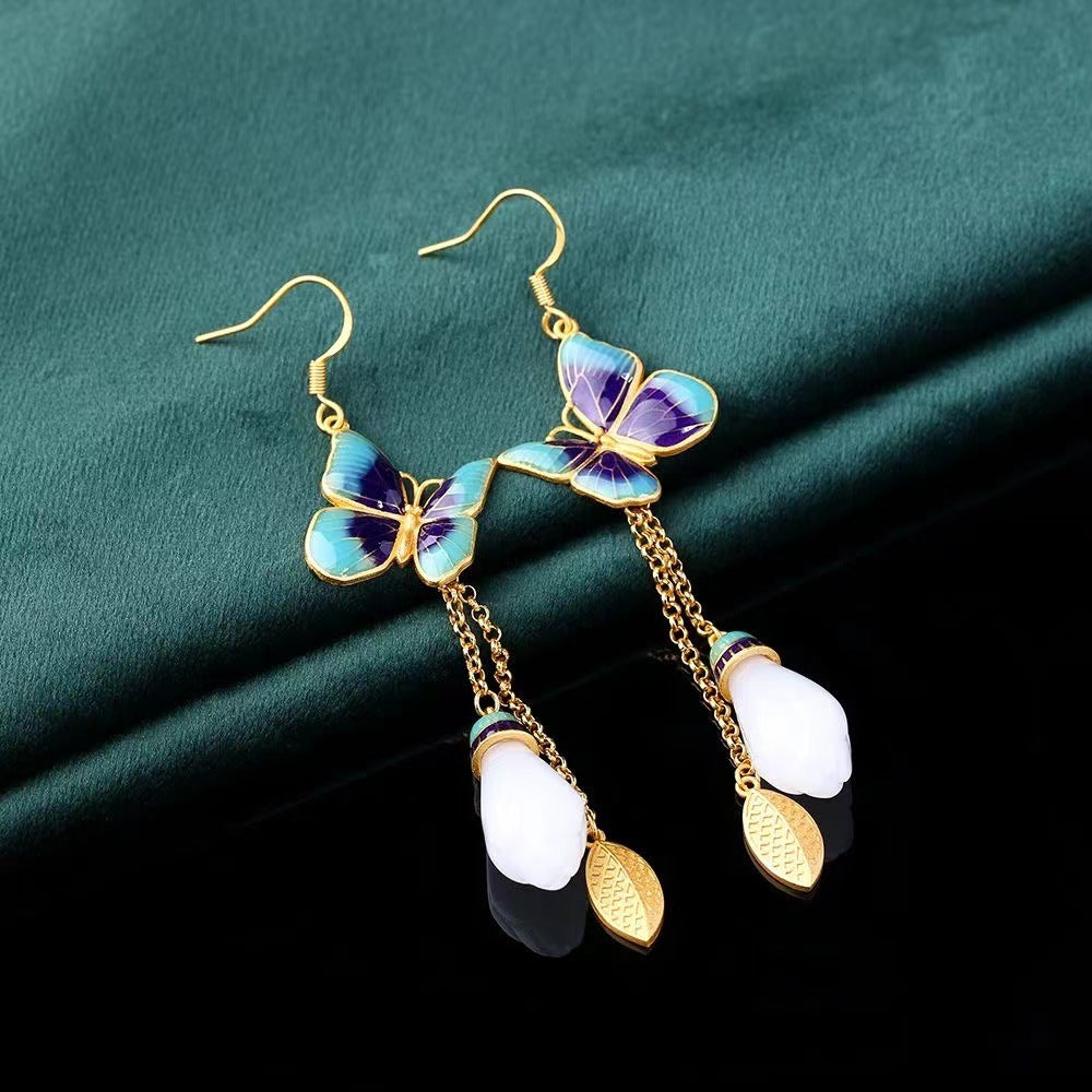 Imitation Jade Epoxy Magnolia National Style Earrings