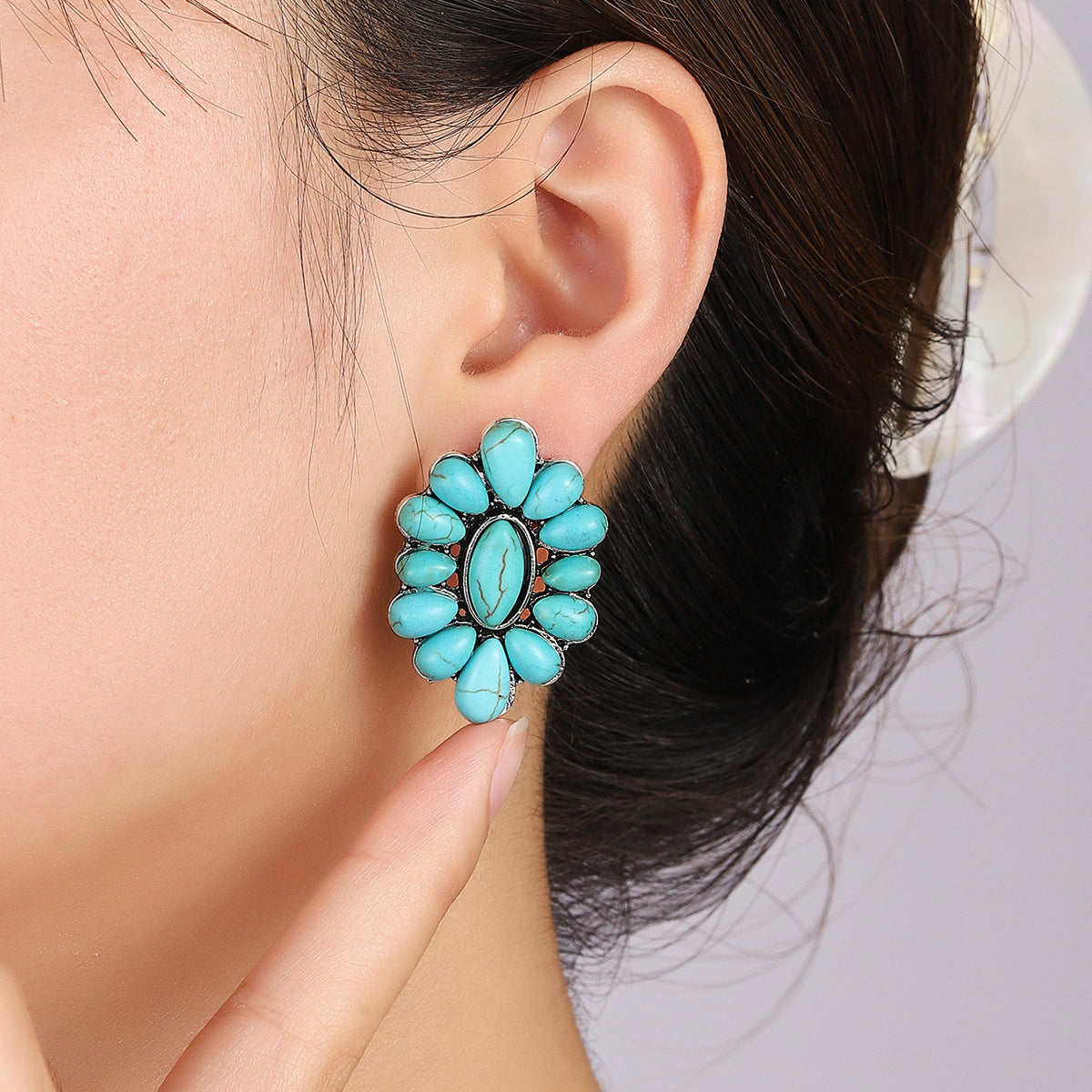 Alloy Turquoise Painting Oil Geometric Flower Earrings