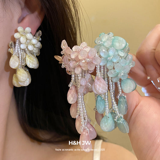 Tea Sweet Pink Flower Beaded Tassel Rings