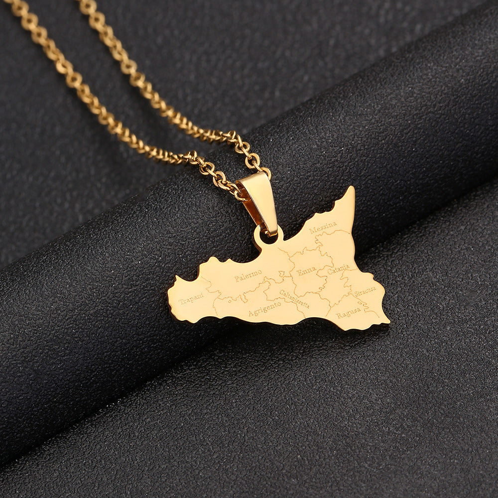 Women's Italy Sicily Map Flag Stainless Steel Necklaces