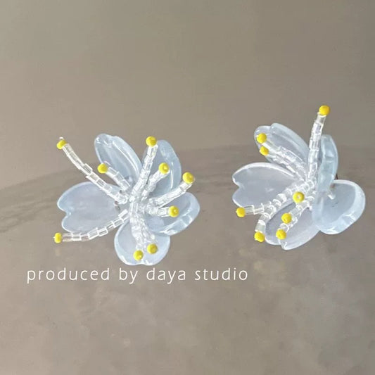 Women's Summer Fresh Blue Flower For Exquisite Sweet Acrylic Beaded Refined Stud Earrings