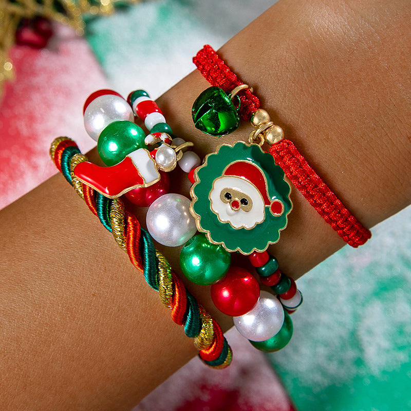 Bell Santa Claus Deer Snowman Red Rope Bracelets